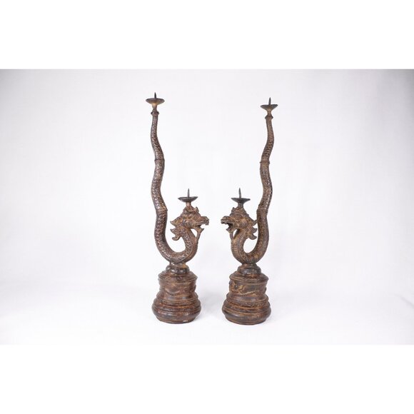Vintage metal dragon candlesticks, Naga old Siam Thai dragon serpent altar decor - Picture 7 of 9